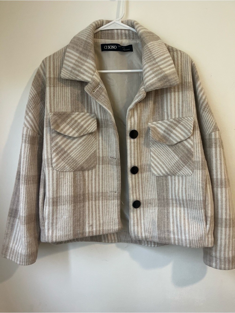 Ci Sono Neutral Plaid Utility Jacket in Beige and Cream
